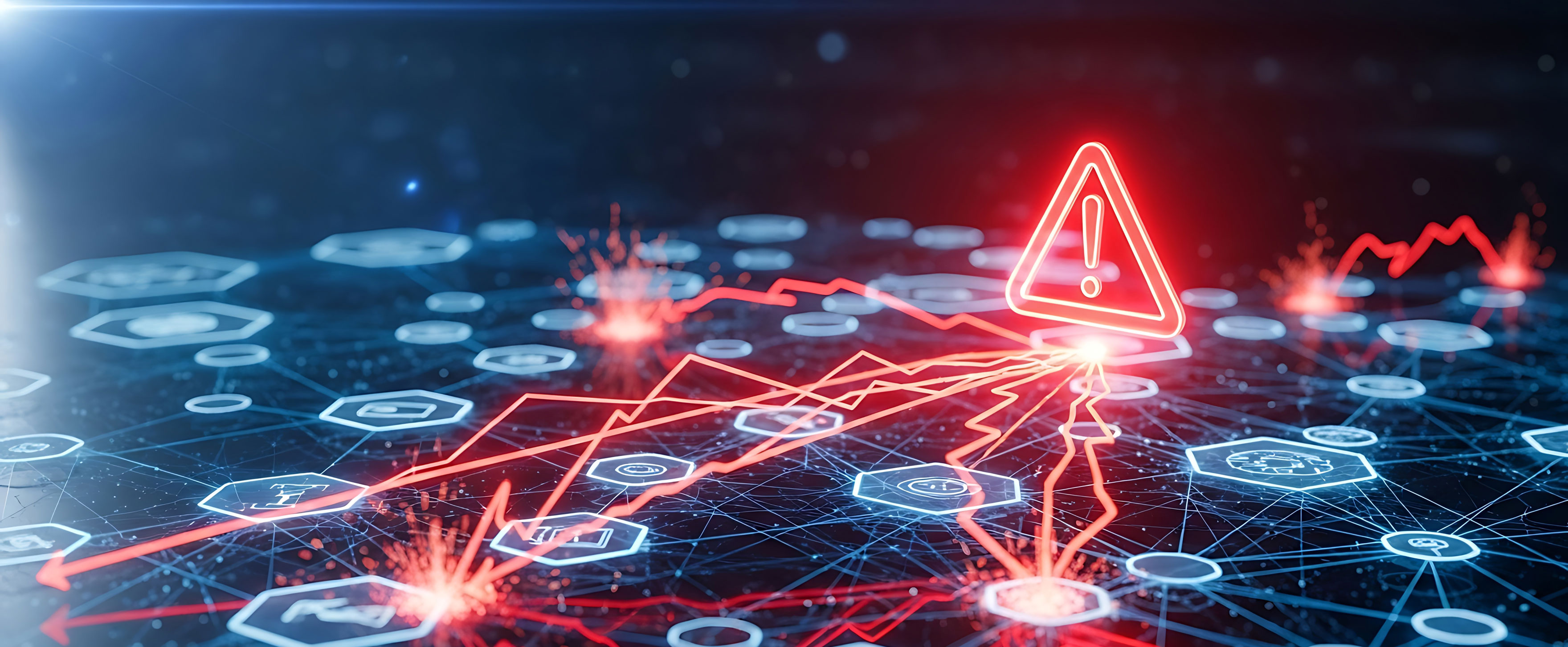 abstract digital visualization showing red warning alert signals spreading across connected nodes and data points on dark tech background