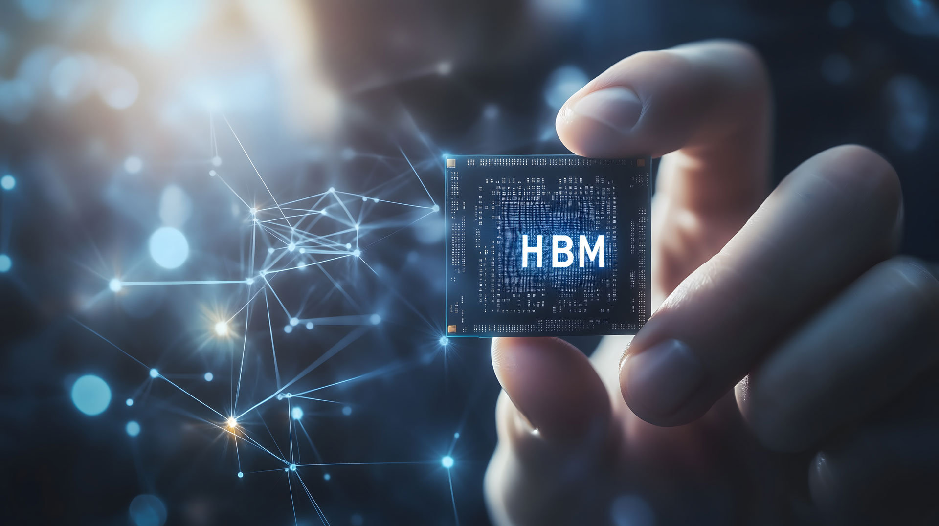 high-bandwidth memory (HBM) being held up in front of a digital background