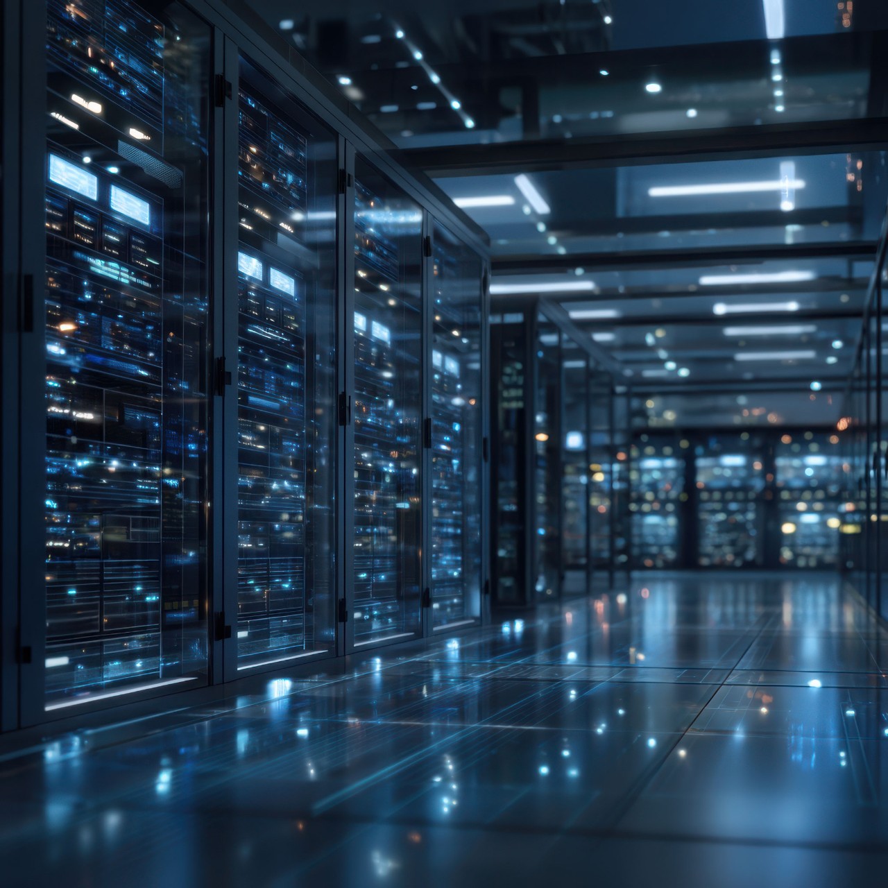 Data center infrastructure with glowing servers and ai technology creates futuristic environment for data processing and storage in modern centers