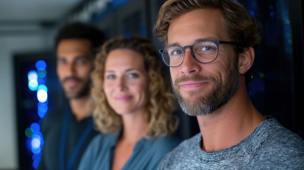 Diverse it team in data center with focused professionals and modern technology